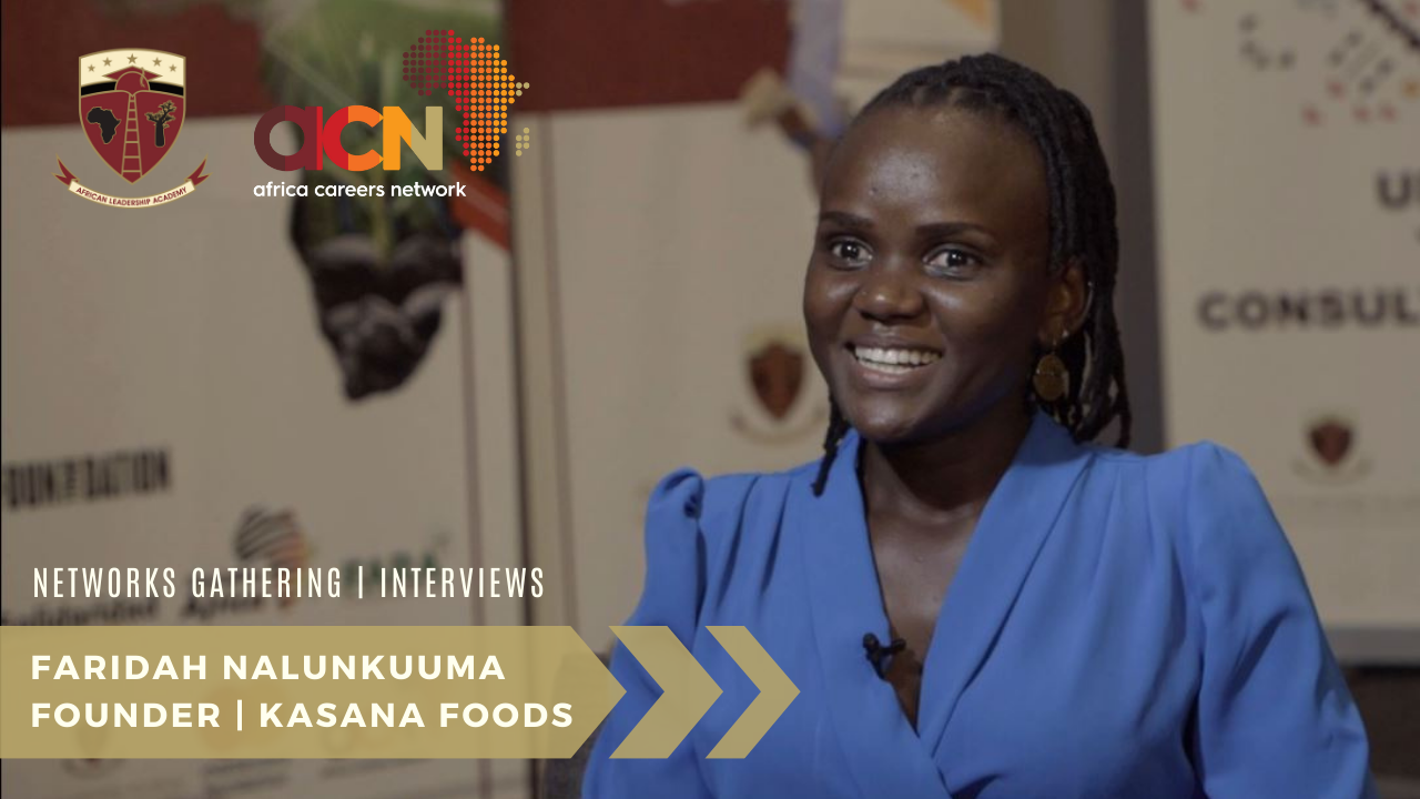 Image of a smiling woman in a dark blue blouse, sitting in front of banners with logos and text. A graphic overlay features "Networks Gathering | Interviews," "Faridah Nalunkuluuma | Founder | Kasana Foods," and the Africa Careers Network logo.
