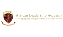 The image features the logo of the African Leadership Academy with its coat of arms on the left, depicting a tower flanked by maps of Africa. The text reads "African Leadership Academy: Developing the next generation of African leaders.