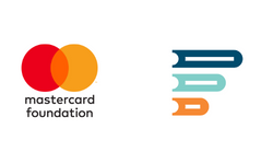 The image features two logos. On the left, the Mastercard Foundation logo comprises two overlapping circles, one red and one orange, with the text "mastercard foundation" below. On the right, a colorful, abstract stack of shapes in teal, blue, orange, and dark teal.
