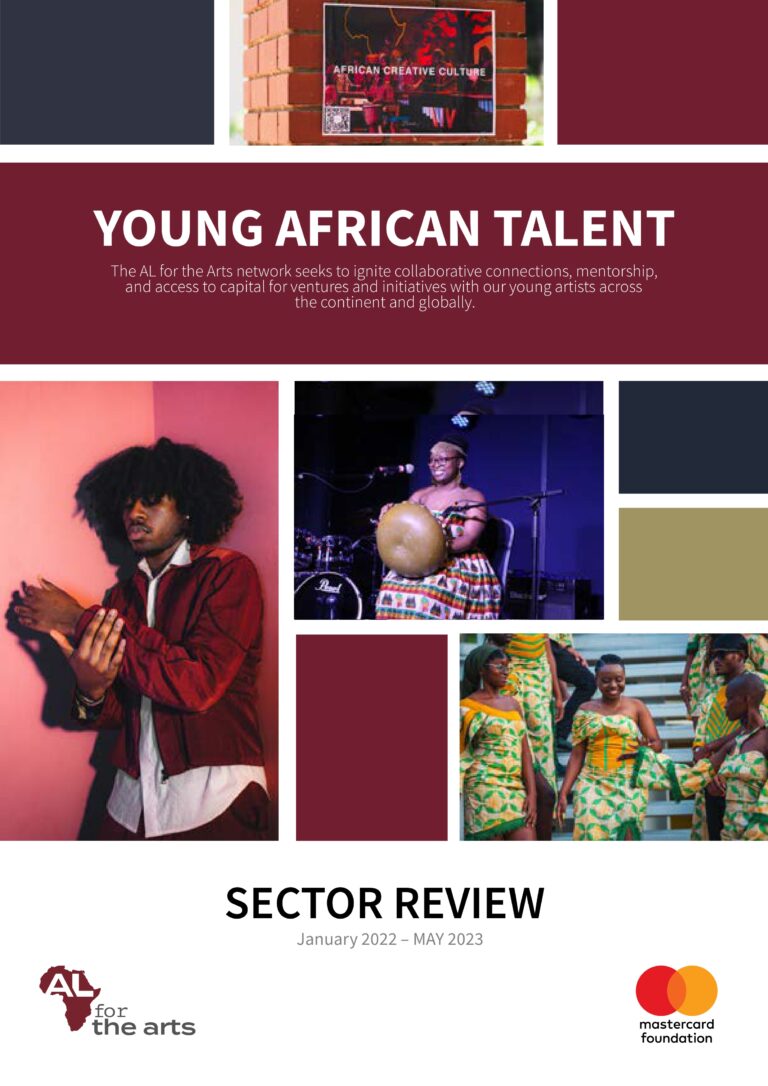 Young man playing a drum on the top half, with a woman and two men drumming on the bottom half, overlaid with text promoting African Creative Collective and Mastercard Foundation's initiative for young African talent in arts. Titled "AL for the Arts Sector Review Ã¢â‚¬â€œ January 2022 Ã¢â‚¬â€œ May 2023.