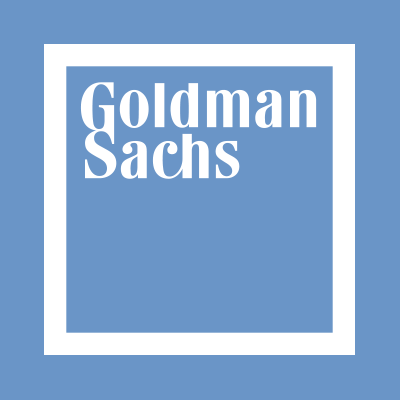 The image shows the Goldman Sachs logo. It consists of a blue square with a white border, and the name "Goldman Sachs" is written in white, bold, serif font in the center of the square.