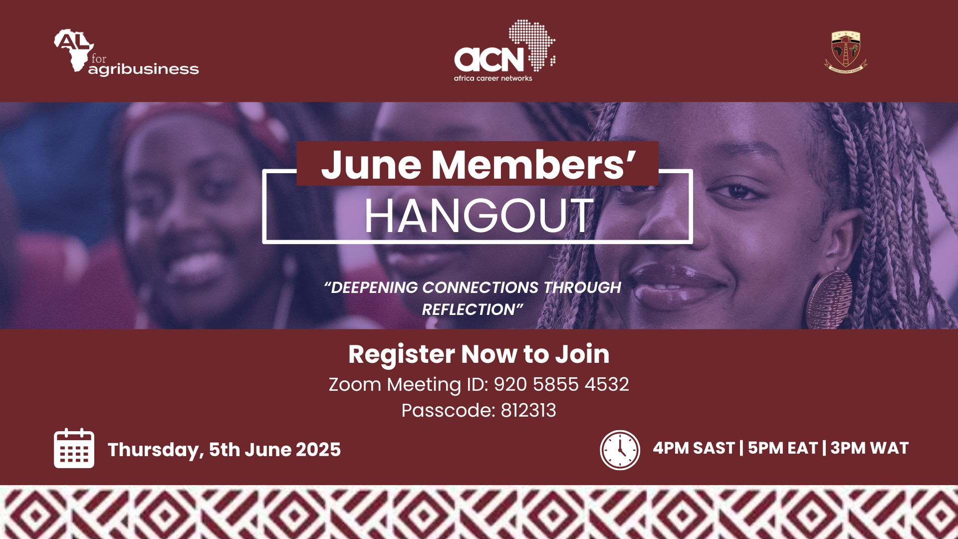 A promotional graphic for a June Members’ Hangout event by Africa Career Networks and AL for Agribusiness, with smiling young women, event details, date, time, and Zoom registration information.