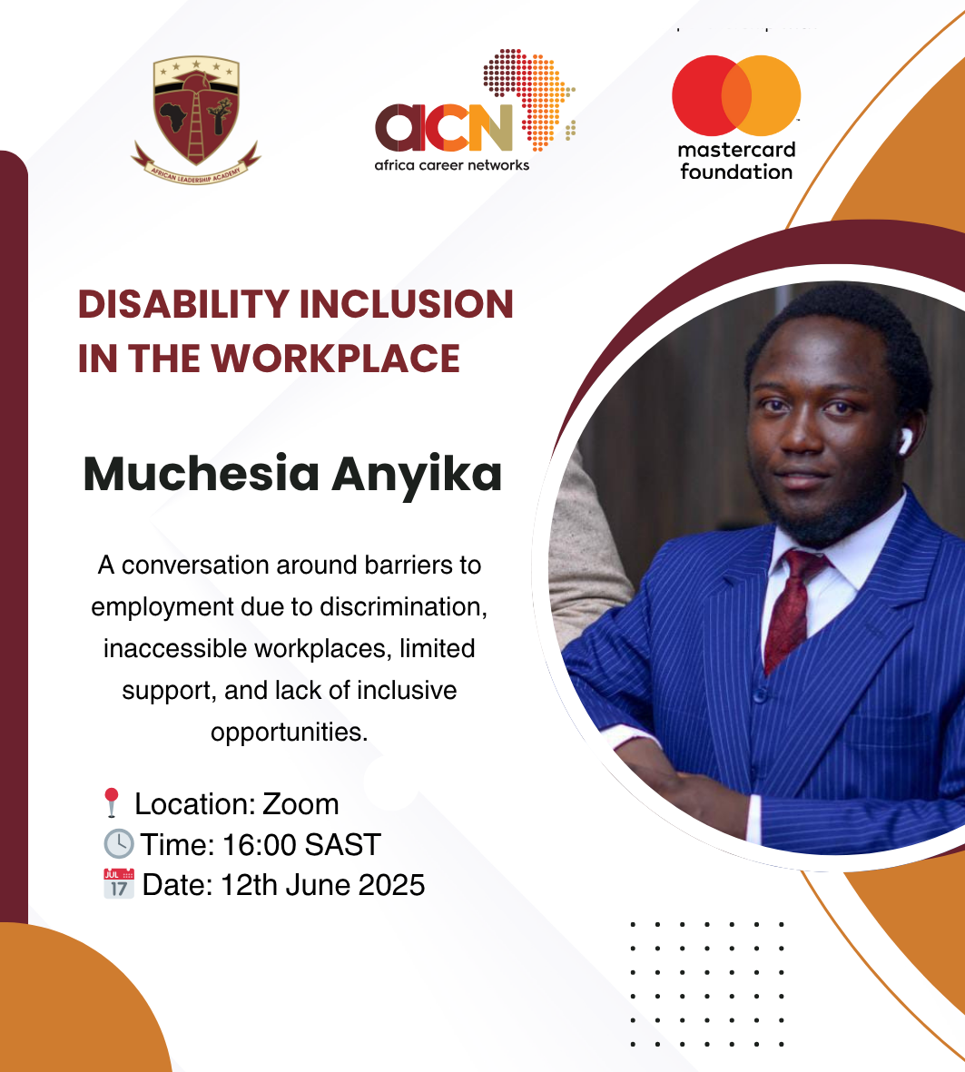 A promotional poster for a Zoom event on "Disability Inclusion in the Workplace" featuring Muchesia Anyika, scheduled for 12th June 2025 at 16:00 SAST. Logos and event details are included.