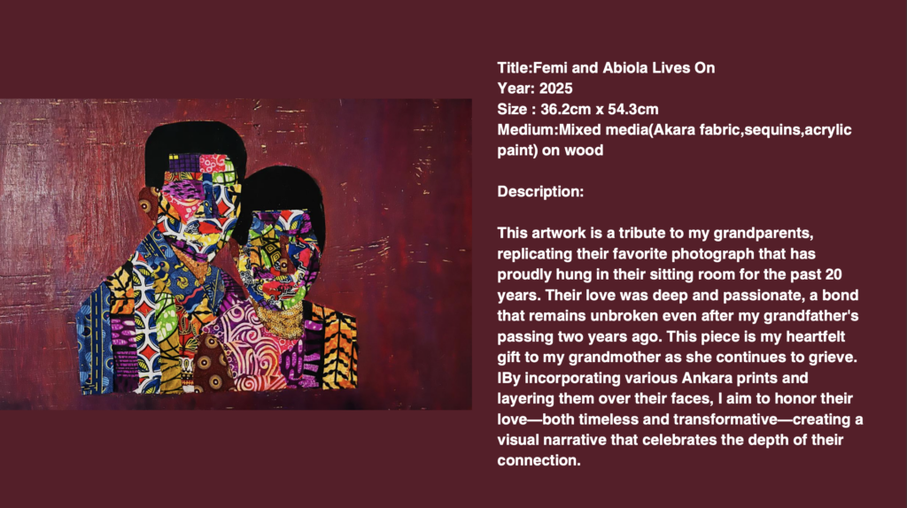 A vibrant mixed media portrait of two figures with colorful patterned faces and attire, created with Ankara fabric and sequins, set against a deep red background. Text beside the artwork describes it as a tribute to the artistâ€™s grandparents.