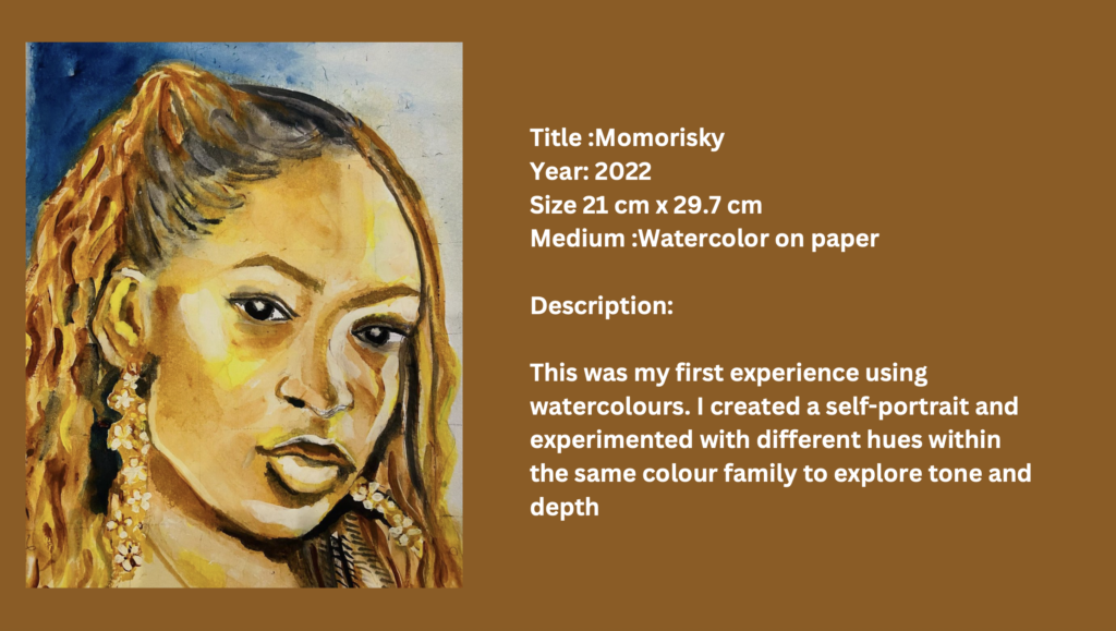 A watercolor self-portrait of a woman with braided hair, painted in warm yellow and brown tones. The image displays varied hues for depth and tone. Text beside the portrait describes the artwork and the artist's process.