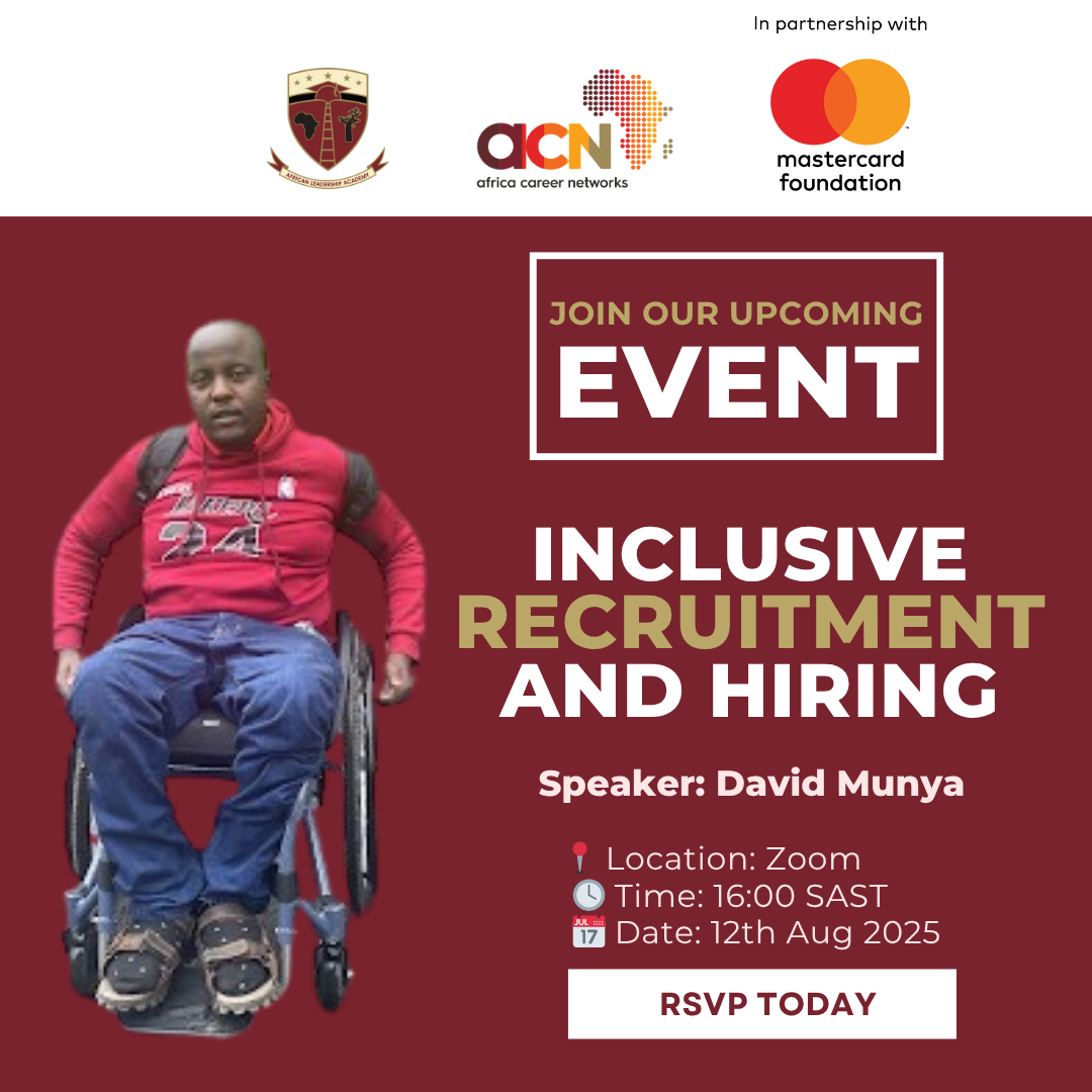 A man in a red shirt and wheelchair is pictured next to text promoting an online event on inclusive recruitment and hiring, with speaker David Munya. Logos and event details, including date, time, and RSVP, are displayed.