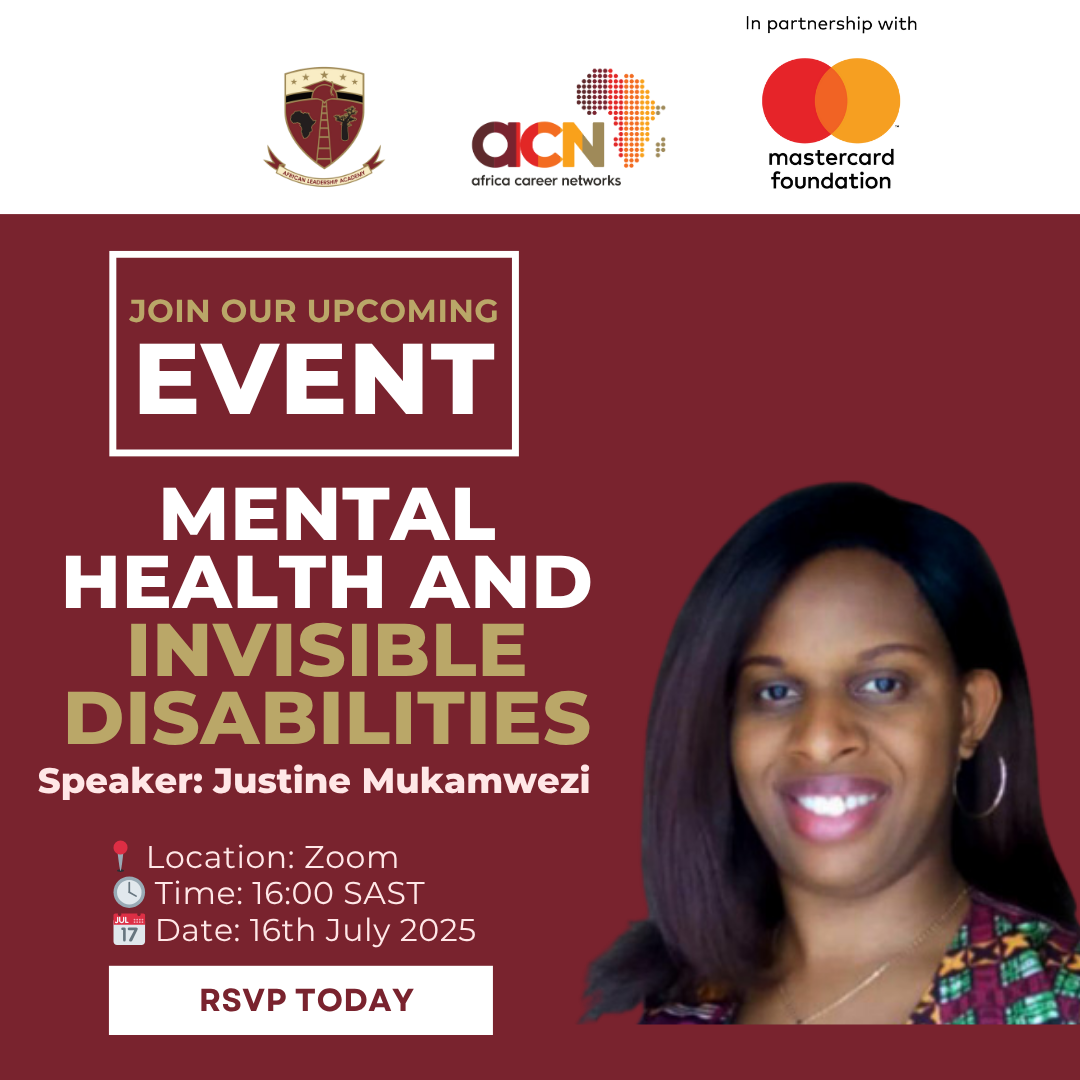 Promotional poster for an online event titled "Mental Health and Invisible Disabilities" with speaker Justine Mukamwezi, scheduled for 16 July 2025 at 16:00 SAST on Zoom. Includes RSVP info and partner logos.