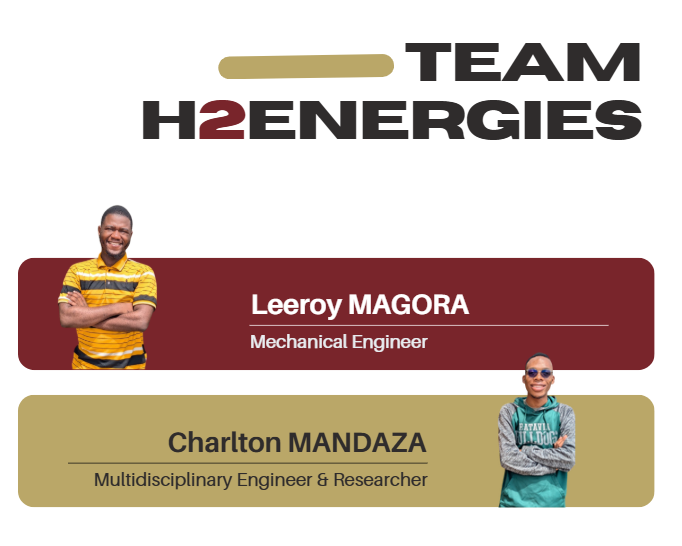 Team H2Energies logo at the top, followed by photos and names of two members: Leeroy Magora, Mechanical Engineer (left, arms crossed), and Charlton Mandaza, Multidisciplinary Engineer & Researcher (right, hands by sides).