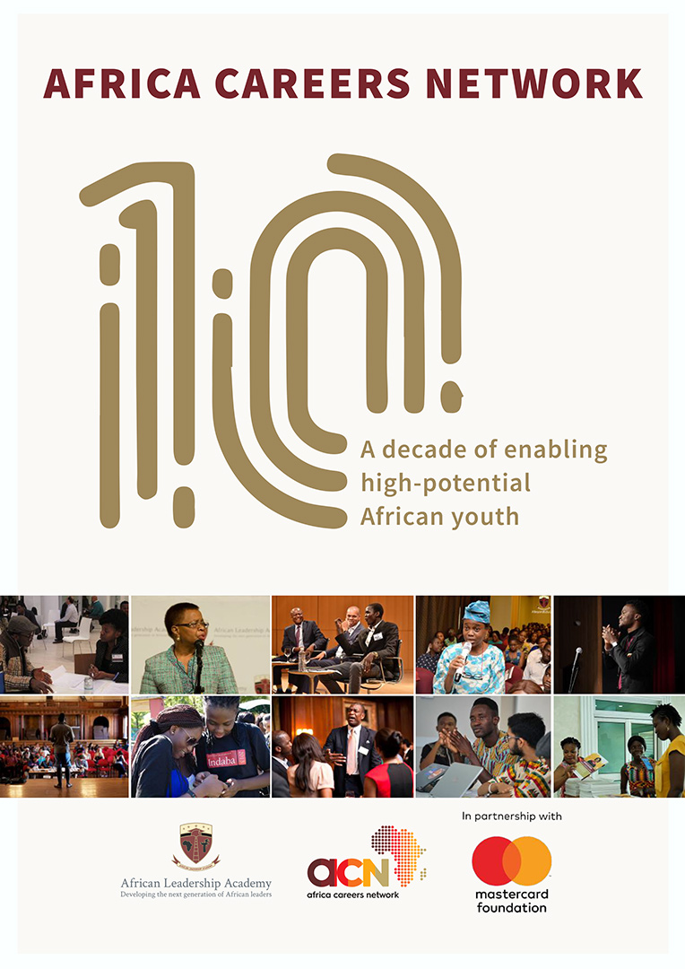 Poster for Africa Careers Network’s 10th anniversary, with stylized "10", the tagline "A decade of enabling high-potential African youth", and photos of young people at events. Logos of partner organizations at the bottom.