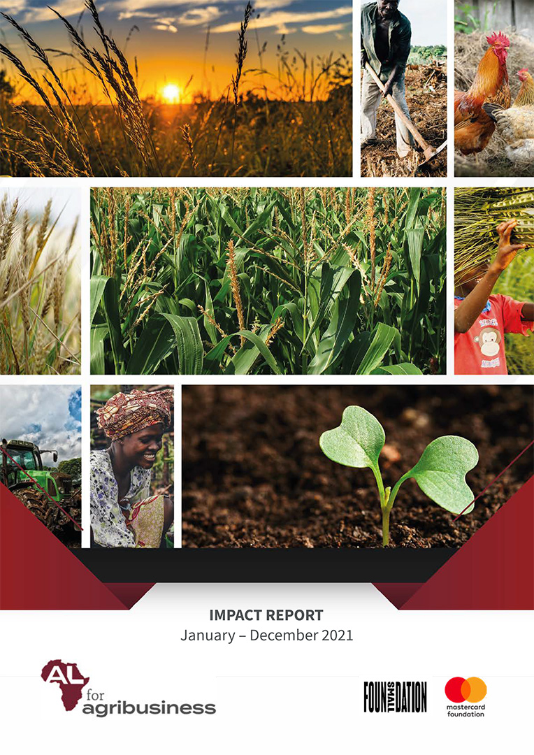 A collage showing crops, a sunrise, a person with harvested produce, a rooster, a tractor, and a young plant. Text reads Ã¢â‚¬Å“IMPACT REPORT January Ã¢â‚¬â€œ December 2021Ã¢â‚¬Â with agribusiness and foundation logos.