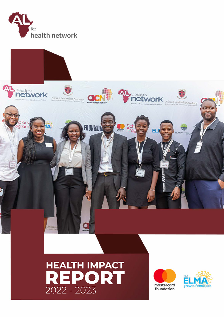 A group of seven professionally dressed people stand smiling in front of a banner at a health network event. The banner and design feature "Health Impact Report 2022-2023" with Mastercard and ELMA logos.